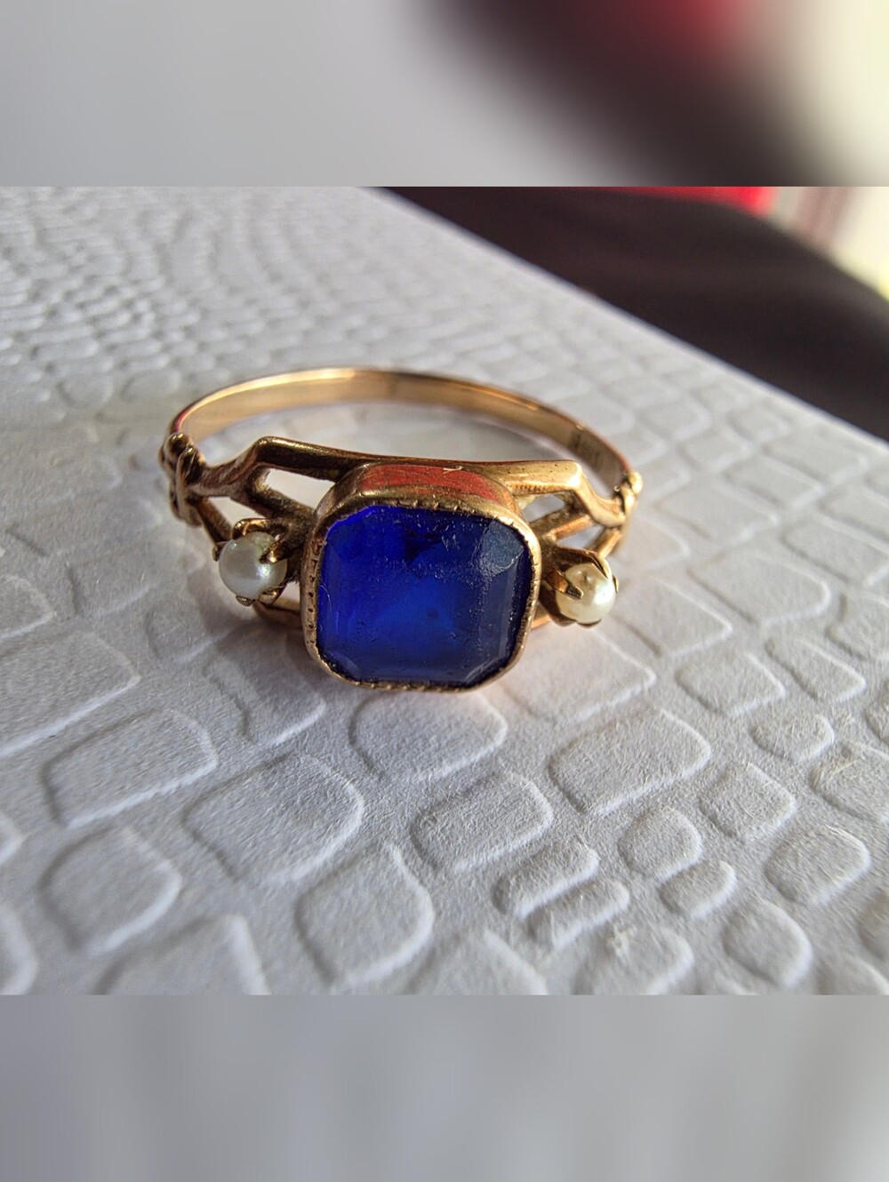Antique Ostby & Barton 10K Gold Cobalt Blue Glass & Pearl Ring Titanic